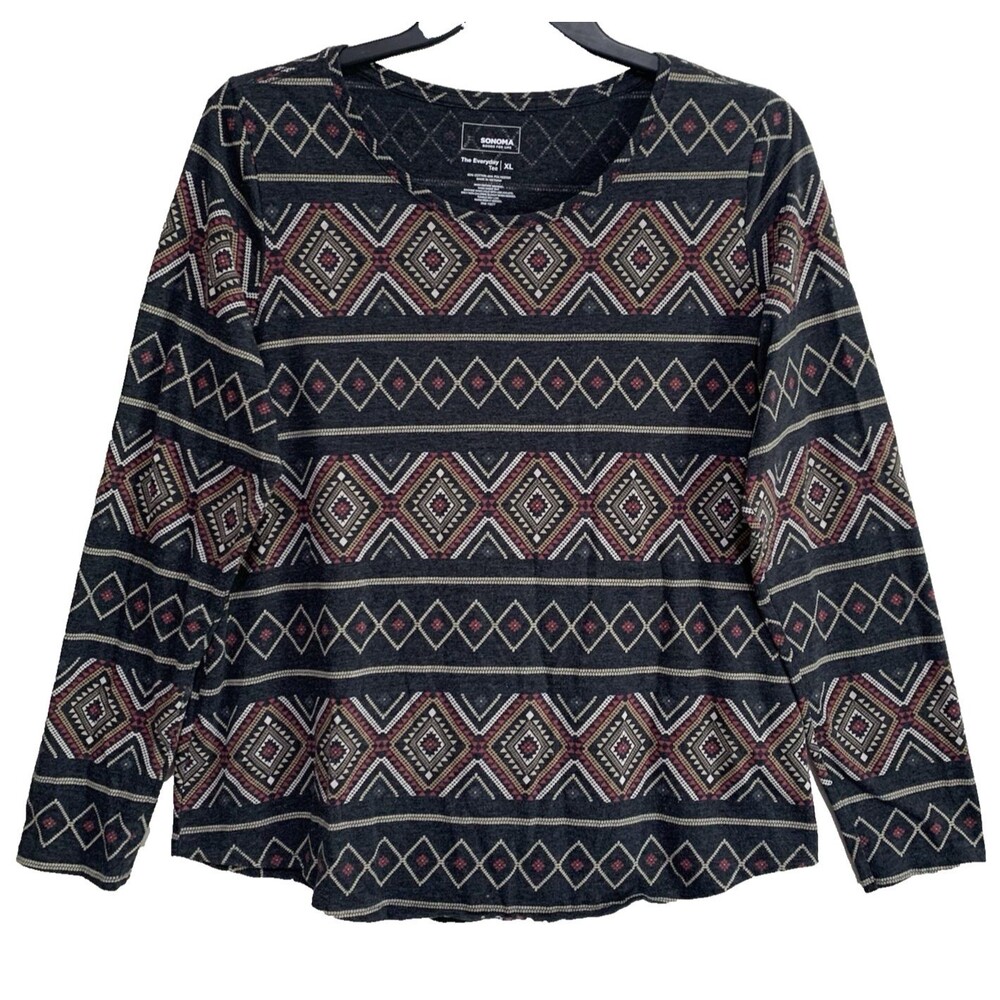 Sonoma The Everyday Tee Womens Size XL Multicolor Aztec Long Sleeve V-Neck Knit